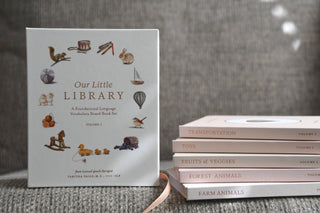 Children's educational book titled 'Our Little Library' with illustrations on a textured surface.