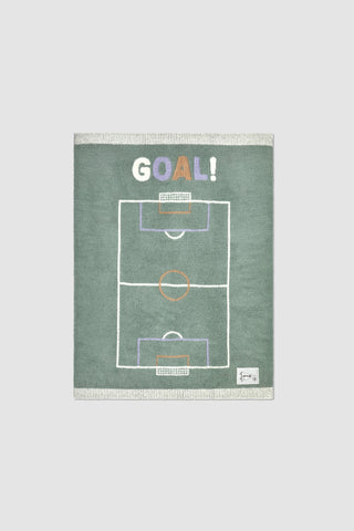 Framed artwork of a soccer field with 'GOAL!' text on a light gray background