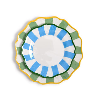 Coastal Scalloped Salad & Dessert Plates – Sage Green Striped with Yellow Trim