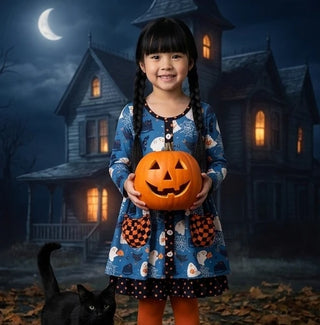 A young girl with braided hair stands in front of a haunted house at night holding a carved orange pumpkin. She is wearing a blue Halloween dress with a ghost and moon pattern, orange polka-dot trim, and orange-and-black checkered pockets.