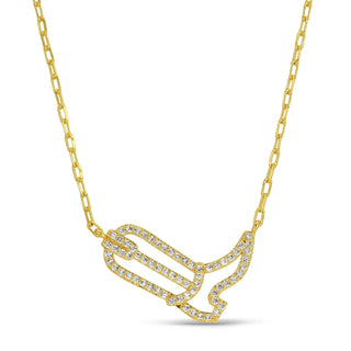 Gold necklace with a hand-shaped pendant on a white background