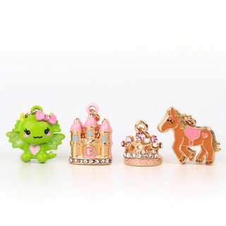 Set of four colorful charms including a green frog, pink castle, gold crown, and brown horse on a white background.