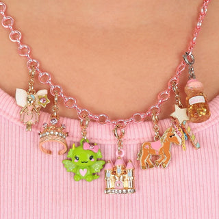 Necklace with various charms including a castle, green creature, and horse on a pink background