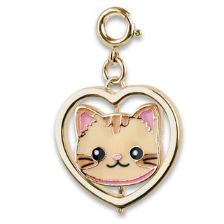 A gold-plated heart-shaped cat charm with a smiling cartoon cat face inside, featuring pink inner ears and a pink collar, on a plain white background.