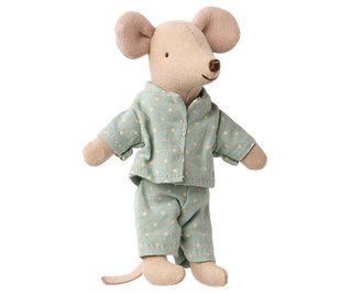 Stuffed mouse toy wearing a light blue outfit with small patterns on a white background