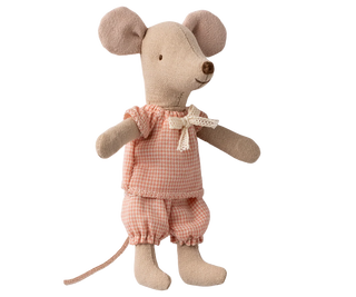 Stuffed mouse toy wearing a pink checkered outfit on a white background