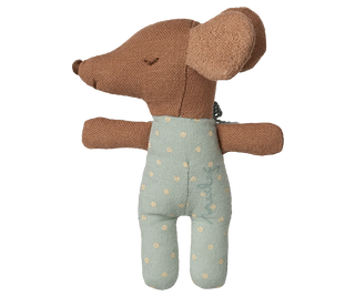Stuffed toy mouse in a green outfit with gold polka dots on a white background