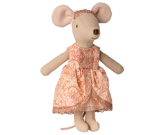 Stuffed mouse toy wearing a patterned dress on a white background