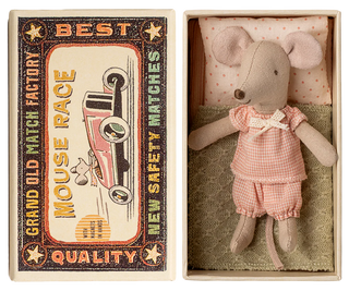 Stuffed mouse toy in a matchbox with a vintage-style matchbox design.