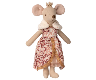 Stuffed mouse toy with a patterned dress and crown on a white background