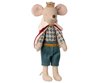 Stuffed toy mouse dressed as a prince with a crown, cape, and patterned shirt on a white background.