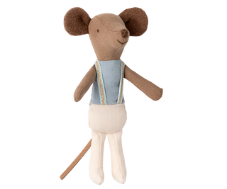 Stuffed toy mouse with a vest and pants on a white background