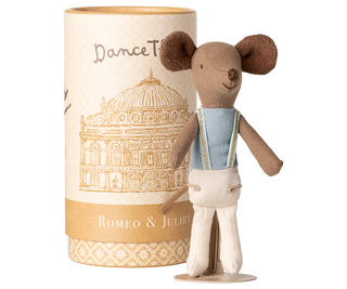 Stuffed mouse toy in a 'Romeo & Juliet' themed packaging with a decorative design.