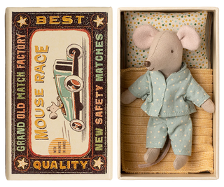 Stuffed mouse toy in a matchbox with a vintage-style matchbox design.
