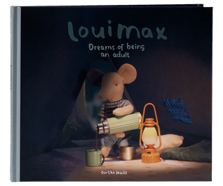 Book titled 'Louimax Dreams of Being an Adult' with a mouse character holding a lantern and a cup.