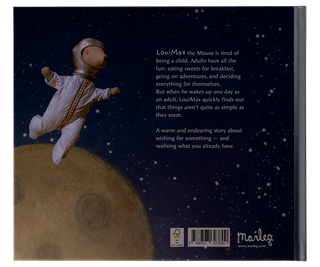 Book cover with an astronaut on the moon and text about a mouse named Louimax.