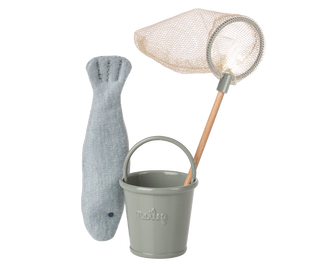 Children's toy set with a gray fish, bucket, and net on a white background