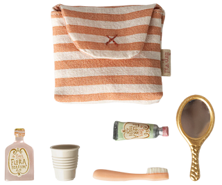 miniature striped bag with miniature toothbrush, toothpaste and hand mirror