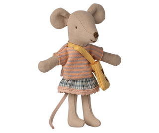 Stuffed mouse toy wearing a striped dress and yellow bag on a white background