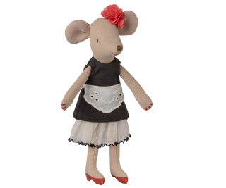 Stuffed mouse toy wearing a black dress with a white apron and red shoes on a white background