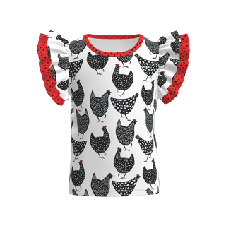 Top with black chicken pattern and red sleeves on a white background