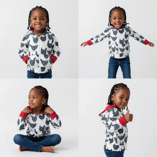 Four different poses of a child wearing a patterned shirt with red accents on a white background