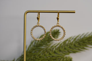 Gold hoop earrings on a gold stand with a green leafy background