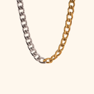 Two chain necklaces, one silver and one gold, on a white background.