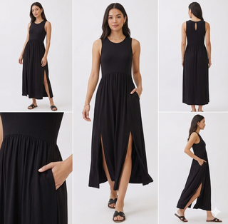 Black sleeveless dress with a slit on a white background