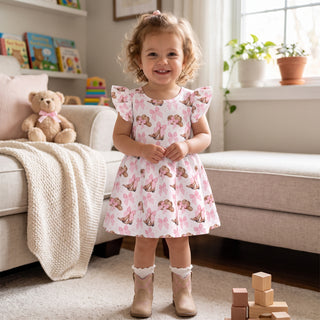 A young toddler girl stands in a cozy, sunlit nursery wearing a pink and white dress with a cowboy boot print. The dress features ruffled sleeves and a flared skirt.