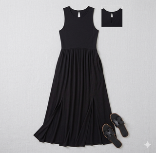 Black sleeveless dress on a light gray background with a close-up inset of the neckline.