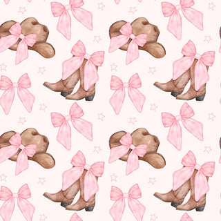 A repeating watercolor-style pattern featuring brown cowboy boots tied with large light pink bows, plus small pale pink stars on a light blush background.