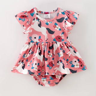 Pink Romper with ponies and roses on white background