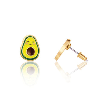 Avocado-shaped earrings with gold posts on a white background