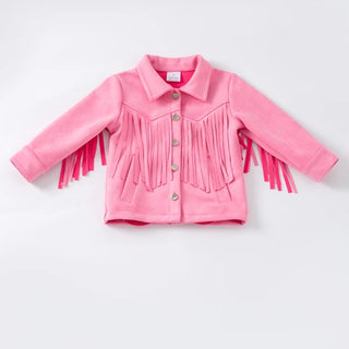 A pink western-style jacket for toddlers, featuring fringe detailing on the front and sleeves, button closures, and a pointed collar, laid flat against a light gray background.