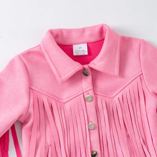 Close-up of a pink fringed jacket with buttons on a white background