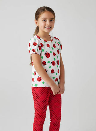 Young girl wearing a white top with ladybug pattern and red pants on a light gray background