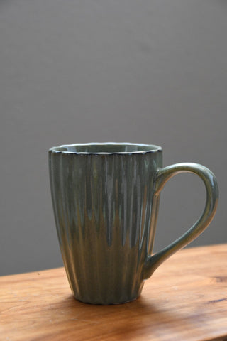 Green Ribbed Stoneware Mug | Reactive Glaze | 14 oz.