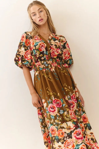 Woman wearing a floral dress with a plain background