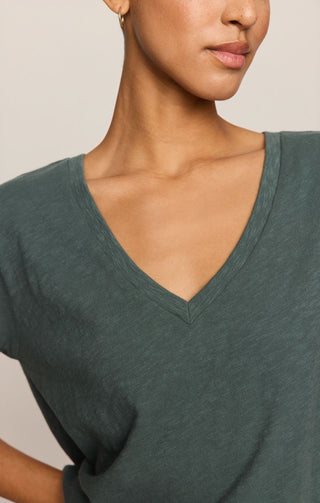 Person wearing a green V-neck shirt against a neutral background