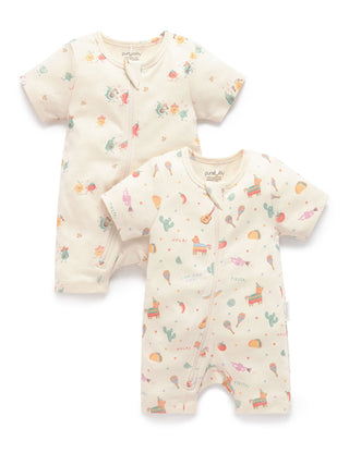Two baby rompers with animal prints on a white background