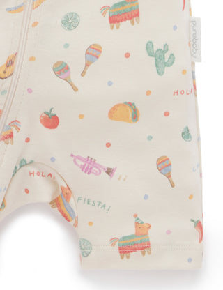 Baby onesie with colorful Mexican-themed pattern on a white background
