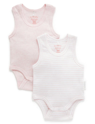 Two baby bodysuits, one pink and one striped, on a white background.