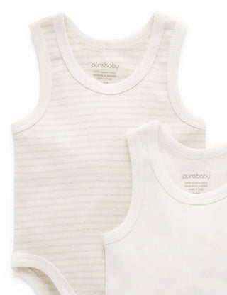 Two white striped baby bodysuits with 'purebaby' branding on a white background