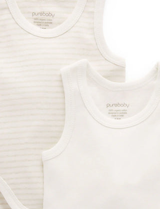 Two white tank tops with 'purebaby' branding on a white background
