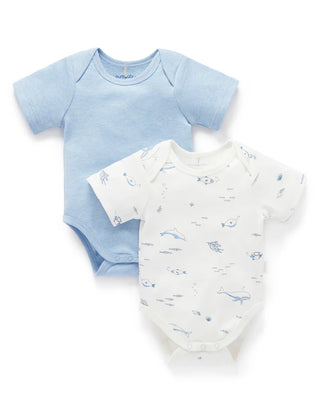 Two baby bodysuits, one blue and one white with a pattern, on a white background.