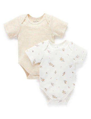 Two baby bodysuits on a white background, one plain beige and one with a pattern.