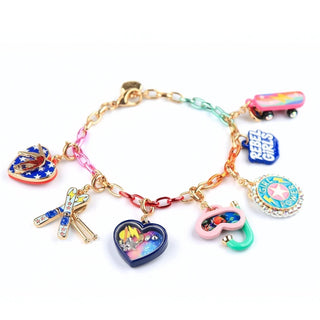 Colorful charm bracelet with various charms on a white background