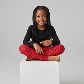 Child sitting on a white block wearing red pants with black polka dots and a black long-sleeve shirt against a gray background.