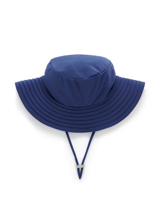 Blue sun hat with a strap on a white background